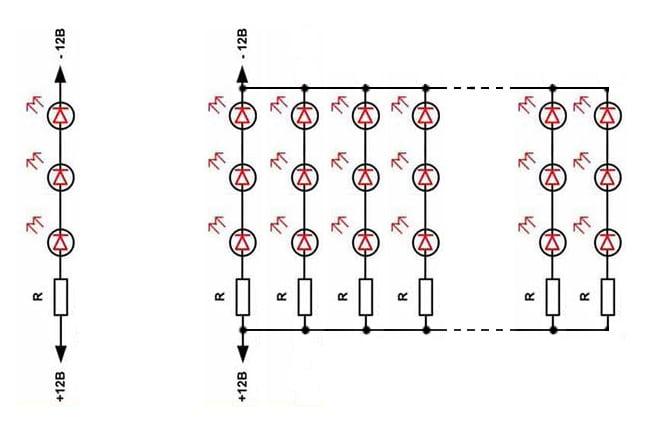 схема одной секции и всей светодиодной ленты